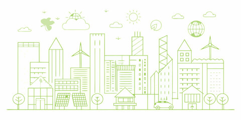 Fototapeta premium Green Cityscape Linear Illustration With Wind Turbines And Solar Panels