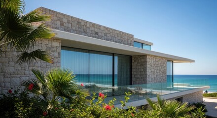 Fototapeta premium Modern Luxury Villa with Ocean View, Stone Facade, and Palm Trees - Photo-realistic