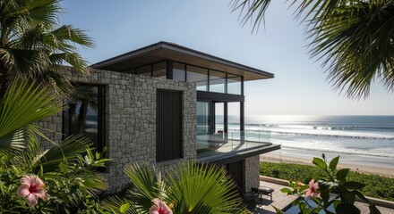 Fototapeta premium Modern Luxury Beach House With Ocean View, Photo-realistic