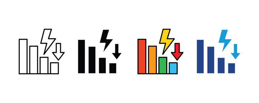 Energy crisis icon set. power consumption loss, electricity drop, low battery storage level icon. vector illustration