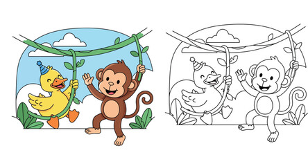 Fototapeta premium Cute Cartoon Monkey and Duck on Vines - Jungle Friends Illustration for Kids, Playful Animals