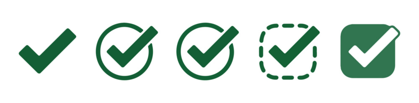 Dark green check mark vector icons with various border styles including outline dashed and solid fill shapes.