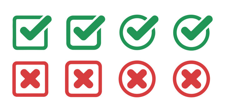 Green check marks and red cross icons for correct and incorrect answers or approval and rejection decisions.