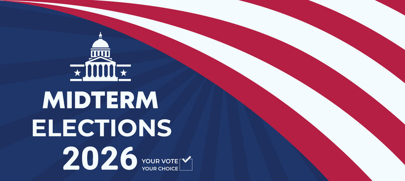 Creative Midterm Elections 2026 Banner with American Flag Wave and Political Theme