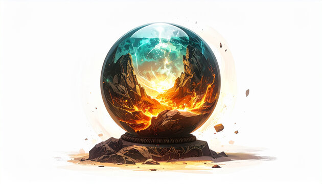 Crystal ball with volcanic landscape inside on rocky base isolated