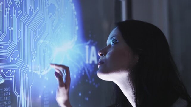 Businesswoman touches a glowing blue holographic brain diagram on a transparent screen, symbolizing AI, neuroscience, or digital intelligence technologies.