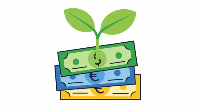 Money plant sprouting from stack of colorful currency notes