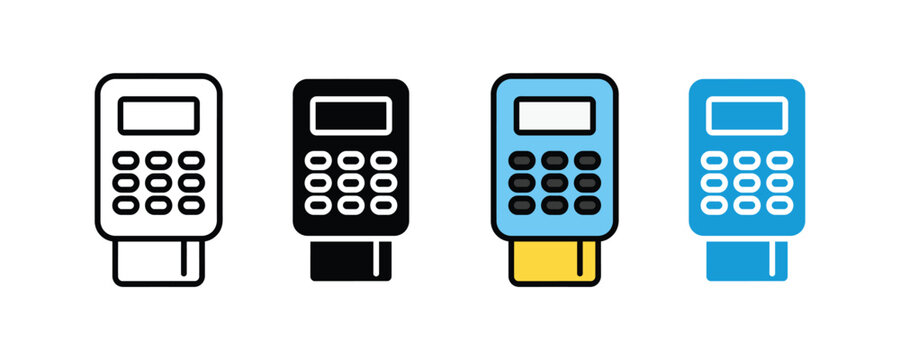 POS terminal machine icon set with credit card. electronic payment processing, retail contactless transaction, banking checkout terminal icon. vector illustration