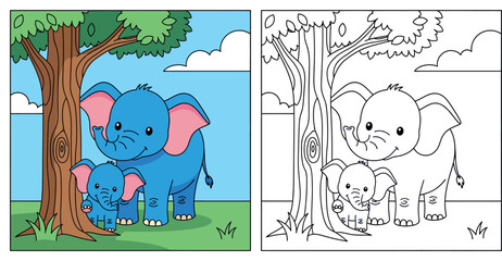 Cute Cartoon Elephant Family Under Tree - Mother and Baby Elephants in Nature © Dewan