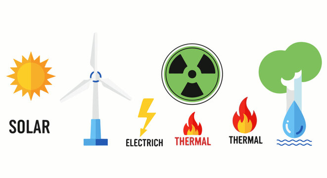Icons represent different energy sources solar, wind, nuclear, thermal, and hydro