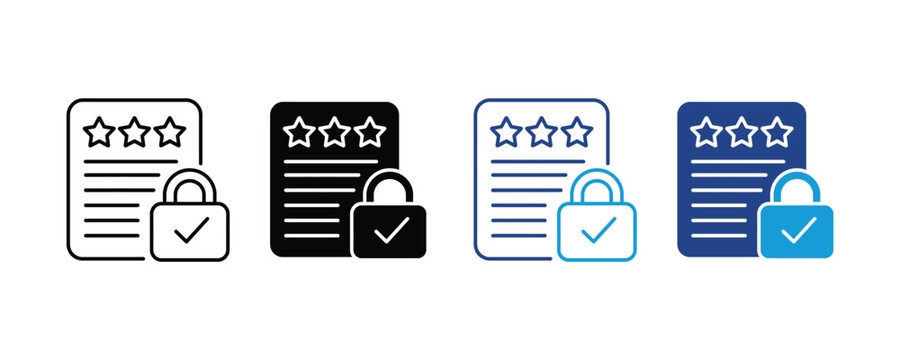 Document icon set verified padlock symbol. secure contract assessment, certified data privacy, encrypted rating report symbol. Vector illustration