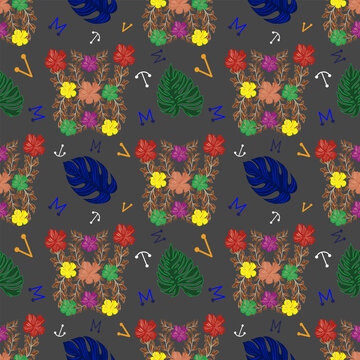 Sophisticated tropical seamless pattern integrated with elegant botanical motifs and sharp geometric structures on a deep charcoal dark gray theme. Premium vector illustration engineered for elite fas