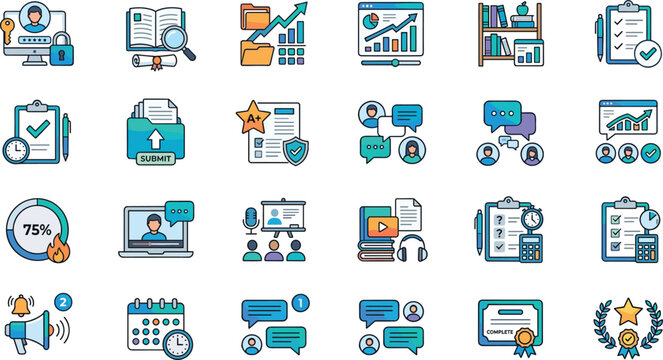 Online education and e-learning icon set with digital training video courses data analytics certificate and student study elements