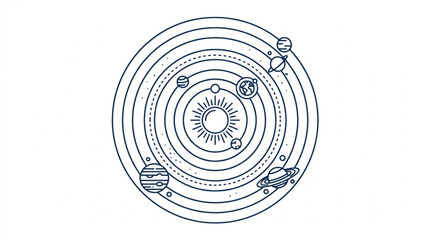 Hand drawn solar system diagram with planets orbiting the sun. © Barokatul