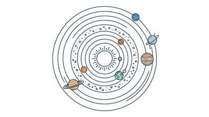 Hand drawn solar system illustration with planets orbiting the sun. © Barokatul