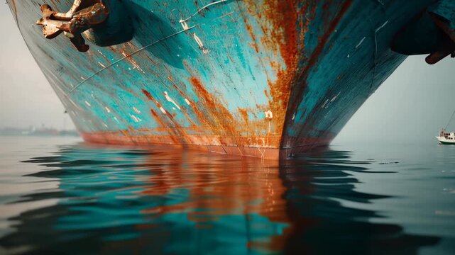 Rusty ship bow calm water with weathered blue hull and reflection, ship bow rust waterline reflection ocean hull metal turquoise port industrial, ship bow rust waterline reflection blue hull sea