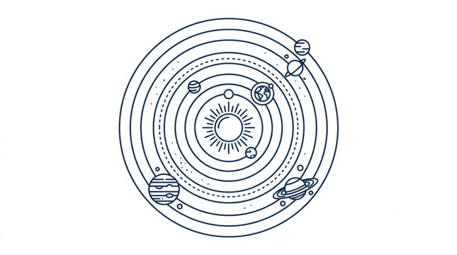 Hand drawn solar system diagram with planets orbiting the sun.