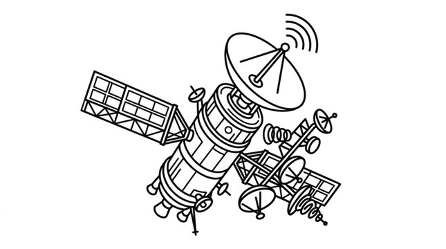 Illustration of a communication satellite in orbit transmitting signals.