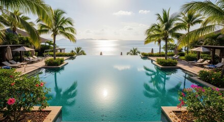 Fototapeta premium Luxury Travel Hospitality: Stunning Tropical Oceanfront Resort with Infinity Pool, Palm Trees, and Sunset View Photo