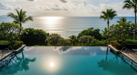 Fototapeta premium Luxury Travel Hospitality: Stunning Photo-realistic Infinity Pool with Ocean View at Tropical Resort