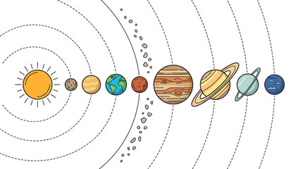 Illustration of the Solar System planets orbiting the Sun. © Barokatul