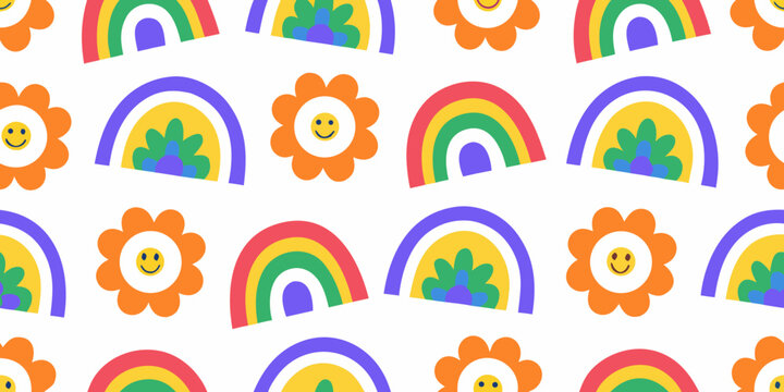 Floral ornament with rainbows and smiling daisies vector illustration