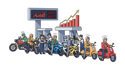 People on Motorcycles at Gas Station with Rising Fuel Prices Graph. © Melati