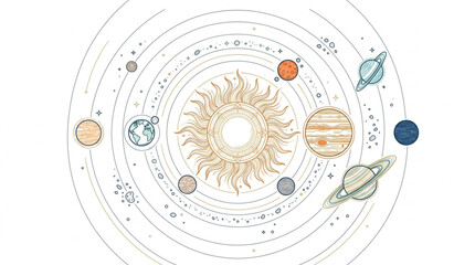 Illustration of the Solar System with planets orbiting the sun. © Barokatul