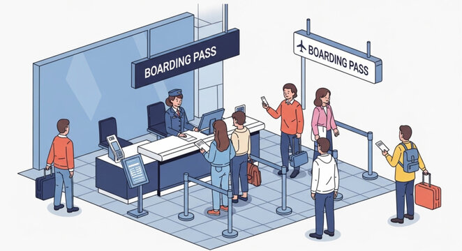 People queuing at airport boarding pass counter for travel.