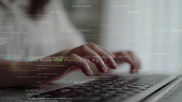 A focused programmer types on a laptop, surrounded by overlayed programming text, exemplifying the modern workspace and the vital role of technology in software development. Xenic