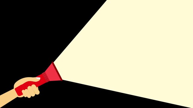 An illustrated hand holding a red flashlight that casts a wide beam of light over a black background.