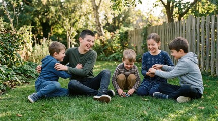Fototapeta premium Happy Children Playing Together on Green Lawn in Sunny Backyard Garden