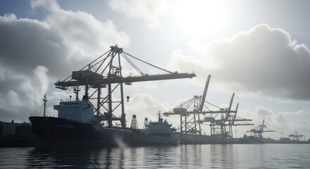 Obraz premium Industrial Shipping Port with Cranes and Cargo Ship under Cloudy Sky, Photo-realistic
