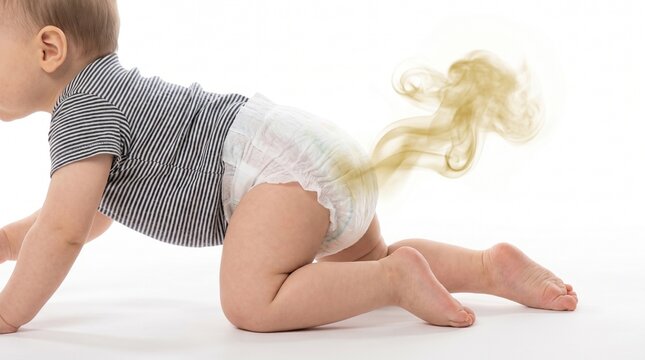 Funny concept of baby flatulence and digestion issues. Infant crawling in a diaper with graphic yellow-green smoke coming out, illustrating passing gas, dirty diaper, or bad smell