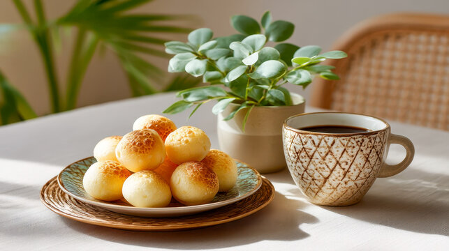 Golden Brazilian cheese balls with freshly brewed coffee on a sunny breakfast table, homemade snack