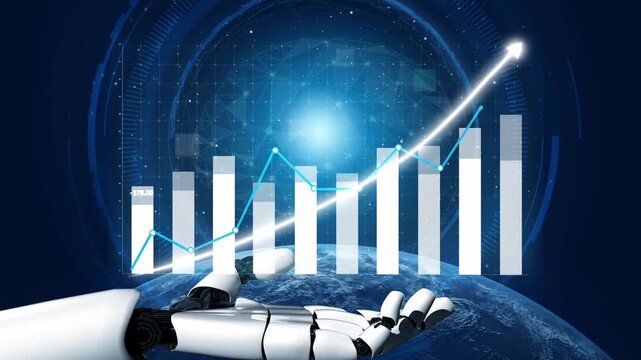 A modern robot hand displays a rising financial growth graph against a digital background, symbolizing technology impact on business success and data analytics. Copula