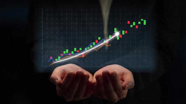 Hands hold a digital financial chart that illustrates upward growth trends and data analysis, symbolizing business success and investment opportunities in a visual format. Copula