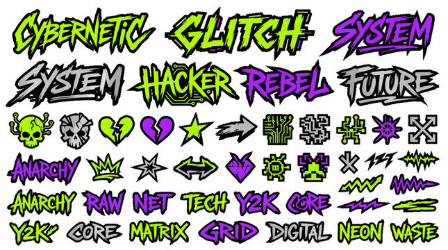 Y2K Aesthetic Sticker Set With Cyberpunk Graffiti Text Icons And Retro Digital Graphics For Streetwear Design And Social Media Art