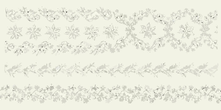 Floral ornament with delicate leaves and blossoms gray vector illustration