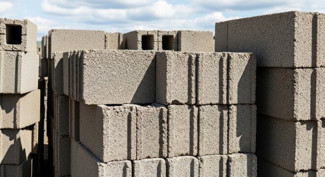 Stacked concrete blocks, construction material, outdoor storage, sunny day, blue sky