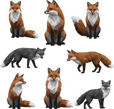 Collection of stylized polygonal red and silver foxes in various poses.