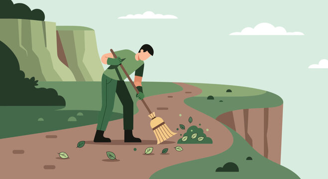 Person Cleaning A Path On A Cliffside Trail Amidst Nature