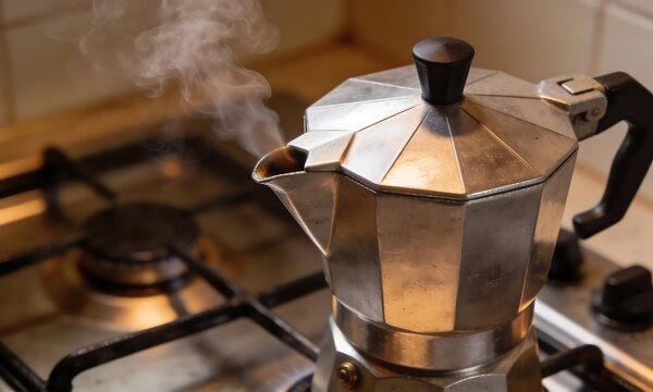 Close-up of a classic Moka pot brewing aromatic coffee on a gas stove, with steam gently rising from the spout in a cozy kitchen setting, signaling the start of a refreshing morning ritual