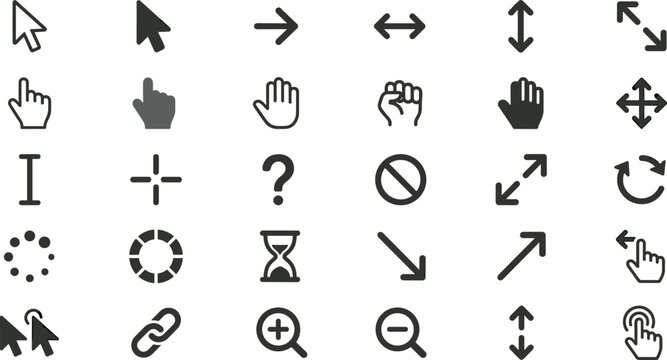 Computer Mouse Cursor and Pointer Icon Set featuring Arrow Click Hand Gesture Loading Hourglass Link Selection and Resize Navigation Vectors for Web UI Designs