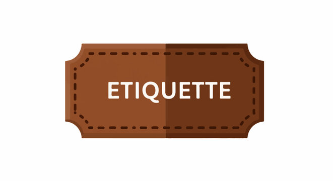 Brown leather tag with "ETIQUETTE" in white letters, stitched border