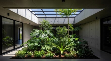 Fototapeta premium Modern Interior Courtyard with Lush Tropical Plants and Natural Light