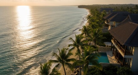Fototapeta premium Photo-realistic Aerial View of Luxury Tropical Beachfront Resort with Ocean and Palm Trees at Sunset - Travel Hospitality