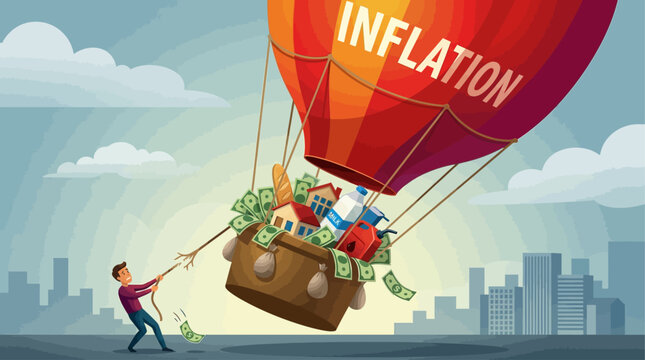 Man struggling with inflation, pulling briefcase filled with money and coins, cityscape background, symbolic illustration