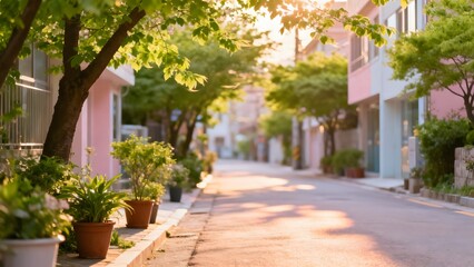 Fototapeta premium Sunny quiet street with fresh green trees and warm sunlight creating peaceful urban nature atmosphere perfect for calm and relaxation
