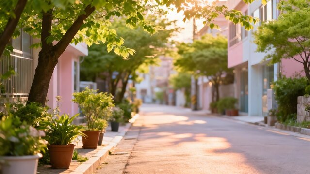 Sunny quiet street with fresh green trees and warm sunlight creating peaceful urban nature atmosphere perfect for calm and relaxation